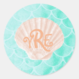 Adesivo Redondo Aqua Mermaid Scales | Monograma de Seashell