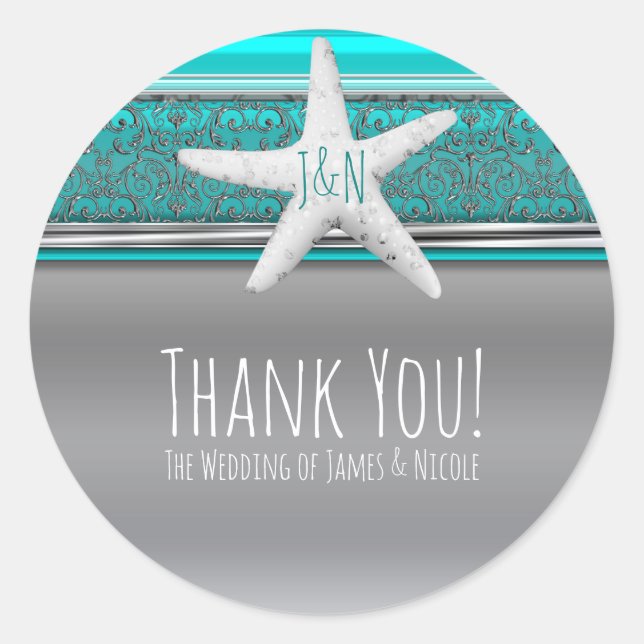 Adesivo Redondo Aqua & Silver Starfish Elegant Beach Wedor Favor (Frente)
