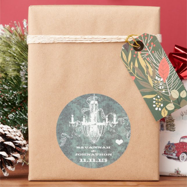 Adesivo Redondo Aqua Vintage Damask Chandelier (Feriado)