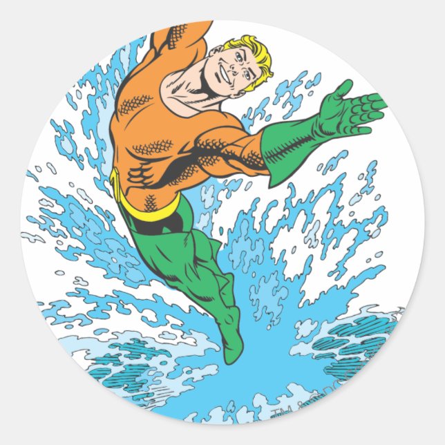 Adesivo Redondo Aquaman salta em onda (Frente)