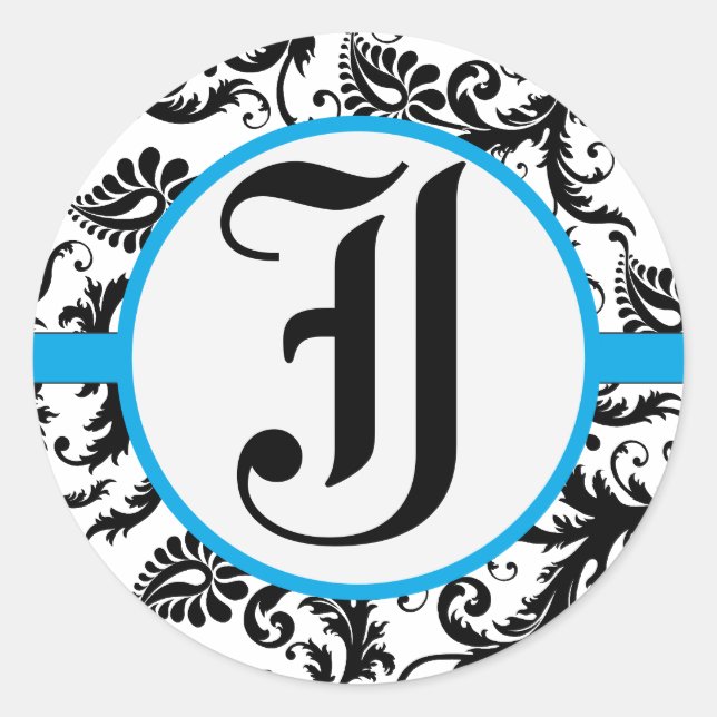 Adesivo Redondo Aquamarine Damask Monogramas Stickers (Frente)