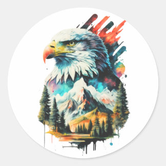 Adesivo Redondo Aquarela Águia e Paisagem Montanha