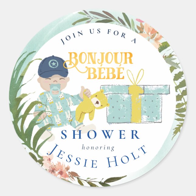 Adesivo Redondo Aquarela Aqua Bonjour Boy BabyClassic Round (Frente)
