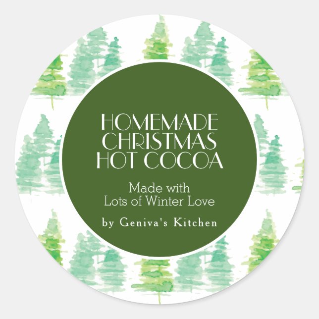 Adesivo Redondo Aquarela Árvore Natal Cacau Homemade Mistura Rosa (Frente)