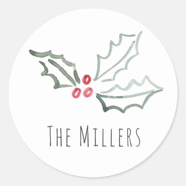 Adesivo Redondo Aquarela Azevinho Personalizado Natal Férias (Frente)