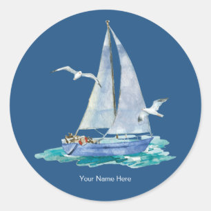 Adesivo Redondo Aquarela Barco de Vela Oceano Náutico Costeiro