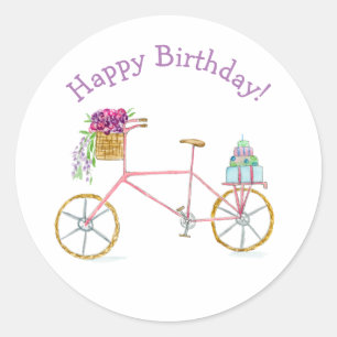 Adesivo Redondo Aquarela Bicicleta Feliz Aniversário 