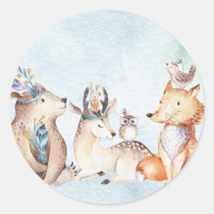 Adesivo Redondo Aquarela Boho Urso Animais Rústicos Chá de Bebê