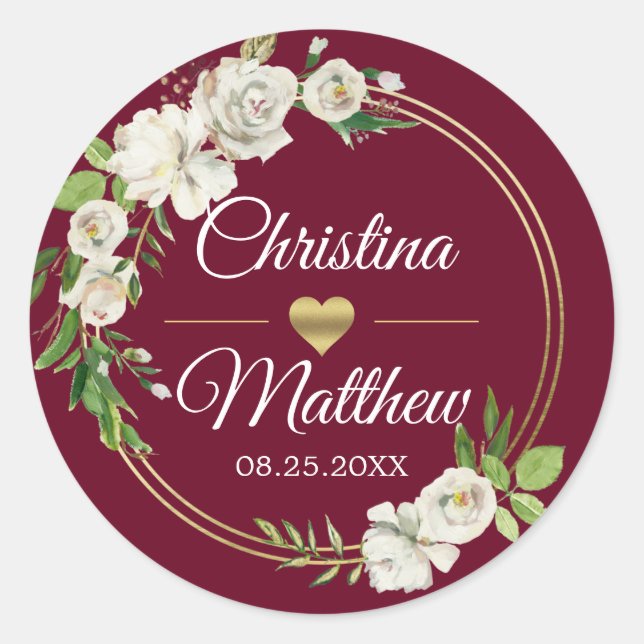 Adesivo Redondo Aquarela Branca Anormática Branca Borgonha WEDDING (Frente)