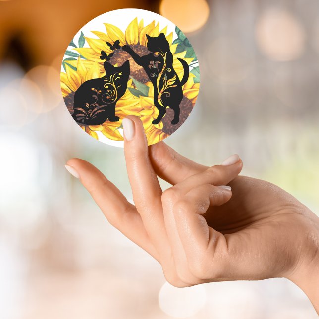 Adesivo Redondo Aquarela Buquê de girassol Gato Silhueta Floral (Criador carregado)