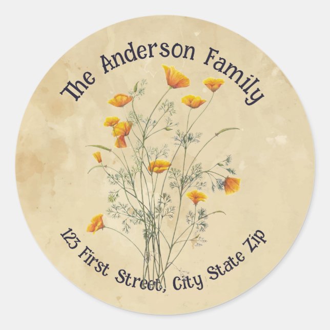 Adesivo Redondo Aquarela California Poppy Willowe Art (Frente)