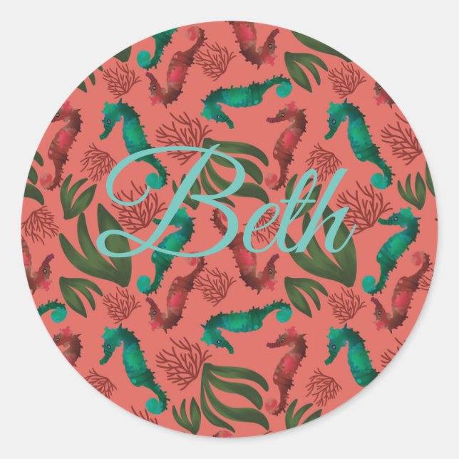 Adesivo Redondo Aquarela Cavalo-marinho Personalizado Náutico Pers (Frente)