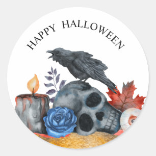 Adesivo Redondo Aquarela de crânio de corvo no Halloween