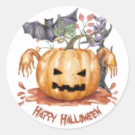 Adesivo Redondo Aquarela de Jack o lantern e um morcego, Halloween