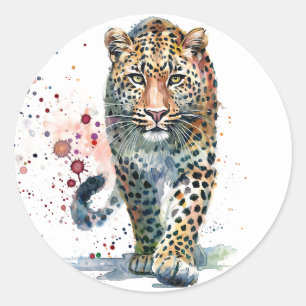 Adesivo Redondo Aquarela de Leopardo Caminhando