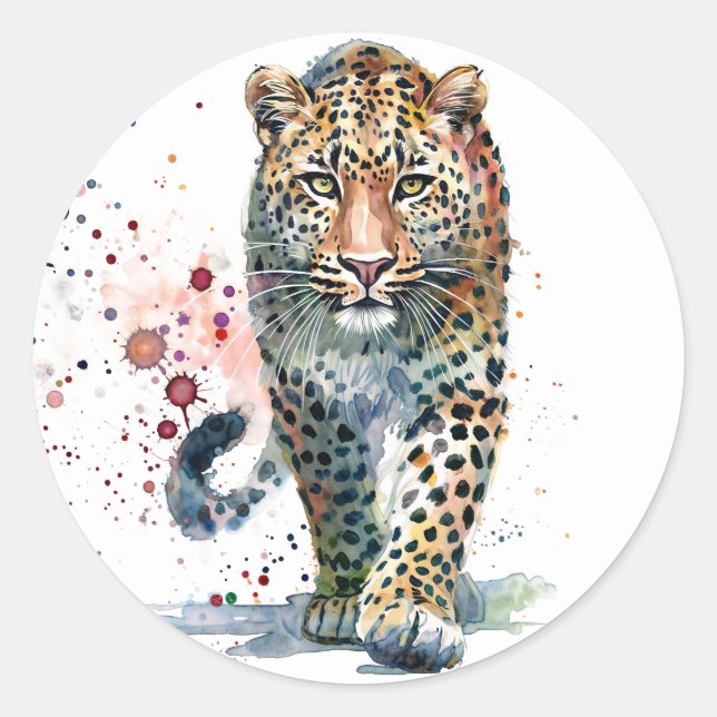 Adesivo Redondo Aquarela de Leopardo Caminhando (Frente)