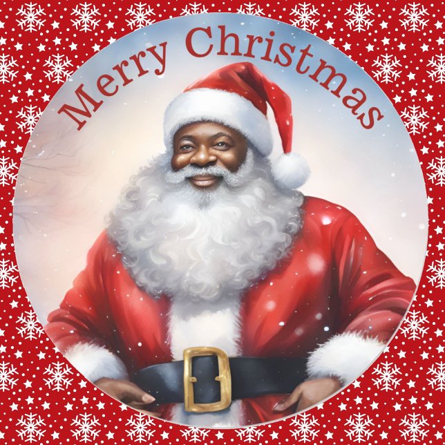 Adesivo Redondo Aquarela de Natal afro-americana Santa Claus (Criador carregado)
