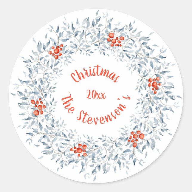 Adesivo Redondo Aquarela de Natal. Tipografia Vermelho Feriados (Frente)