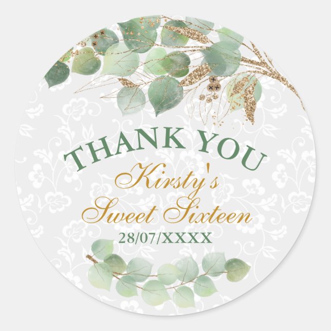 Adesivo Redondo Aquarela Deixa Folha De Ouro Glitter Doce Dezessei (Frente)