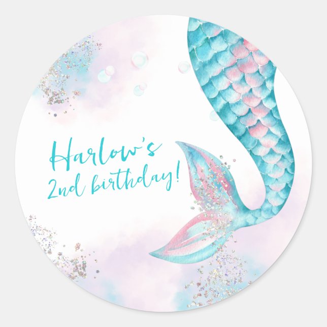 Adesivo Redondo Aquarela Duas Festas de aniversário de Sereia Marí (Frente)