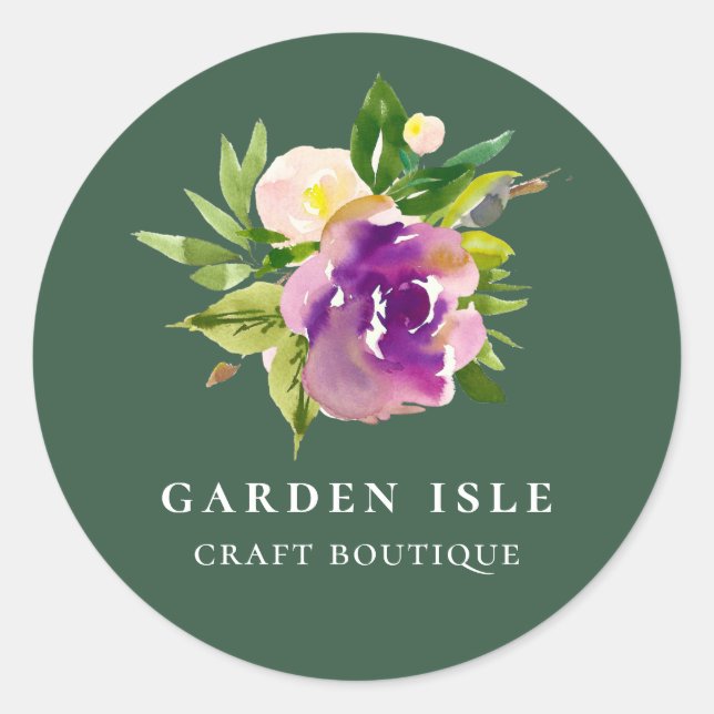 Adesivo Redondo Aquarela Elegante Purple Floral Verde (Frente)