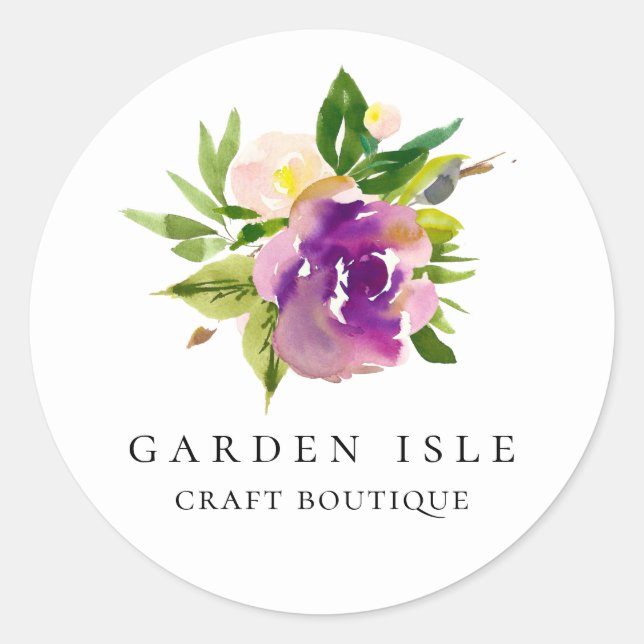 Adesivo Redondo Aquarela Elegante Púrpura Floral (Frente)