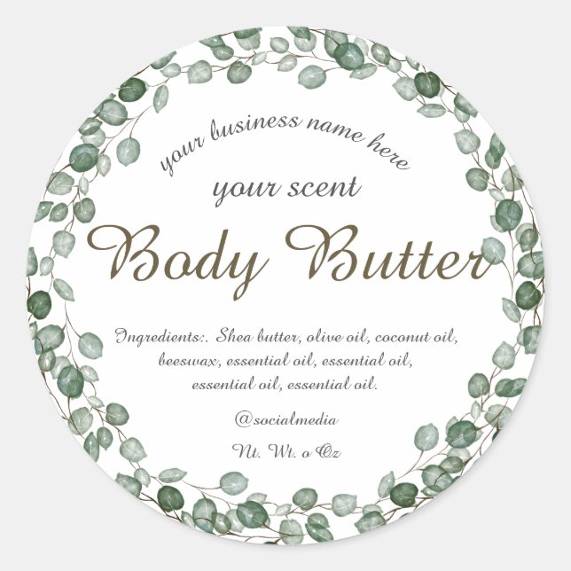 Adesivo Redondo aquarela eucalyptus wreath body manteiga clássica  (Frente)