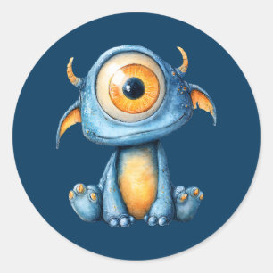 Adesivo Redondo Aquarela Extraterrestre Alienígena Fofa Azul Marin