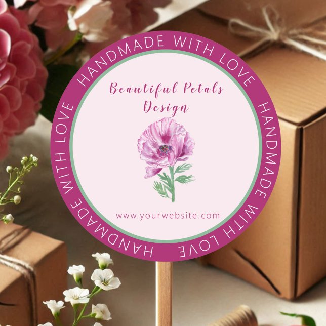 Adesivo Redondo Aquarela Feita À Mão Com Amor, Poppy Business (Criador carregado)