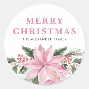 Adesivo Redondo Aquarela Flor de Natal Rosa Feliz Natal