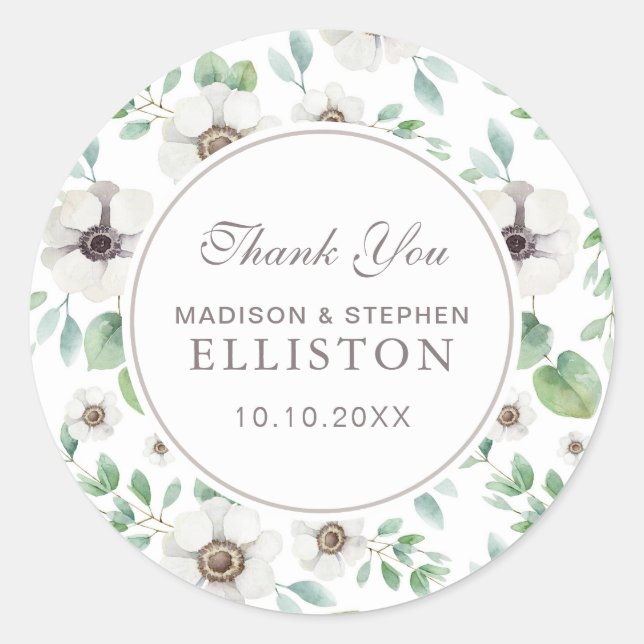 Adesivo Redondo Aquarela Floral | Anemia branca | Obrigado (Frente)