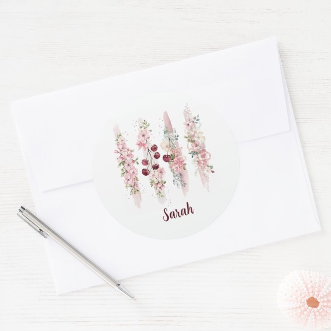 Adesivo Redondo Aquarela Floral de Cerejeira, Adicionar Nome (Envelope)