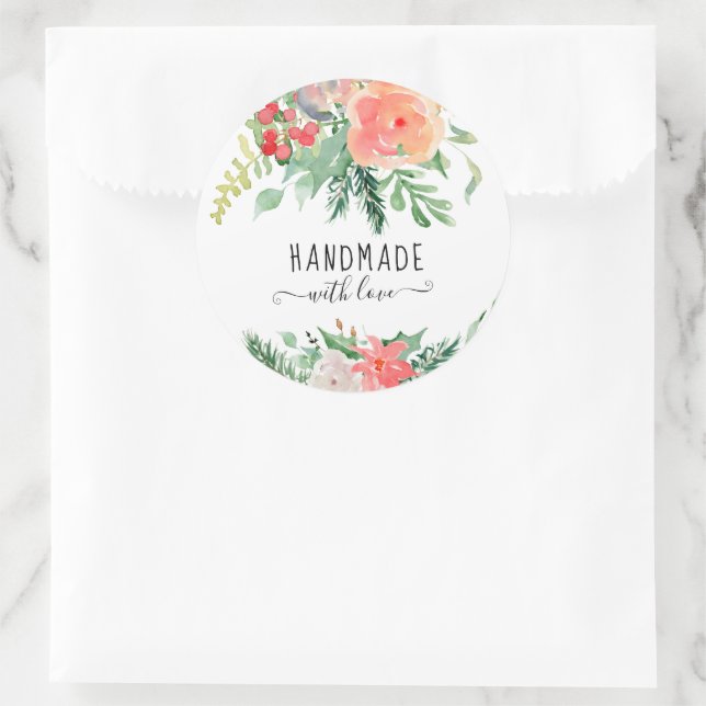 Adesivo Redondo Aquarela Floral Elegante Feita Com Amor (Bolsa)