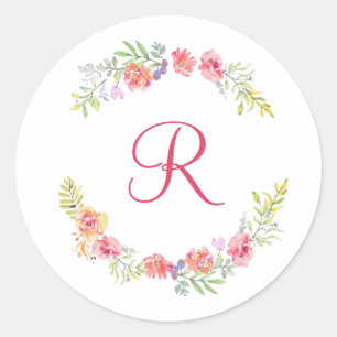 Adesivo Redondo Aquarela Floral Rosa Amarelo Verde Monograma
