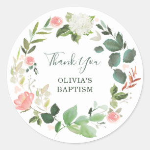Adesivo Redondo Aquarela Floral Rosa e Verde   Obrigado