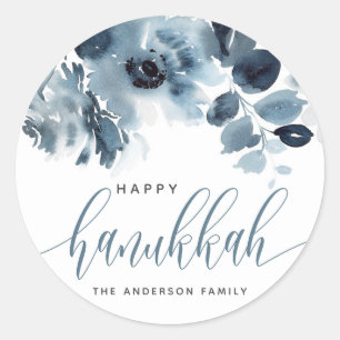 Adesivo Redondo Aquarela Flores Azuis Feliz Hanukkah Caligrafia