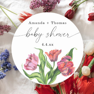 Adesivo Redondo Aquarela flores vermelhas Chá de Bebê