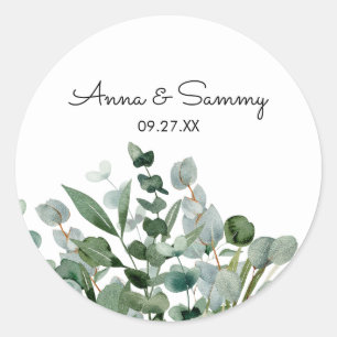Adesivo Redondo Aquarela Folhagem de Eucalipto Floral Casamento