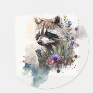Adesivo Redondo Aquarela Guaxinim Fofo Flores de Primavera