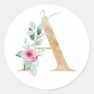 Adesivo Redondo Aquarela letra A com rosas
