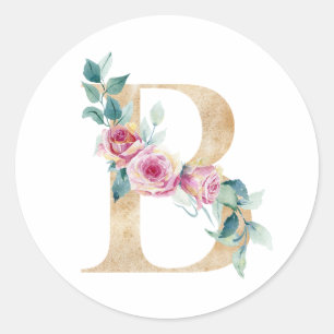 Adesivo Redondo Aquarela letra B com rosas 