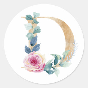 Adesivo Redondo Aquarela letra D com rosas
