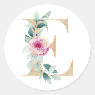 Adesivo Redondo Aquarela letra E com rosas