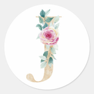 Adesivo Redondo Aquarela letra J com rosas