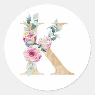 Adesivo Redondo Aquarela letra K com rosas