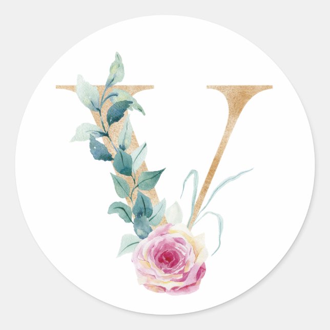 Adesivo Redondo Aquarela letra V com rosas. Personalize adicionand (Frente)