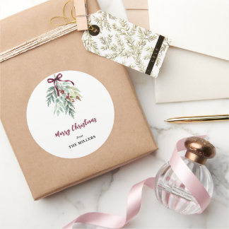 Adesivo Redondo Aquarela Natal Verde Folhagem Fita Burgundy