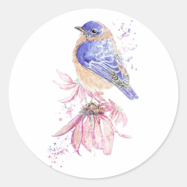 Adesivo Redondo Aquarela Oriental Bluebird Blue Bird Art (Frente)