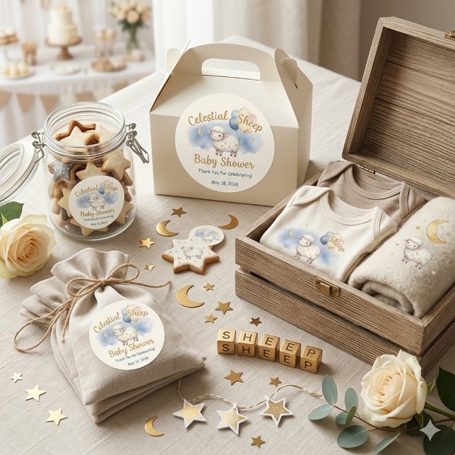 Adesivo Redondo Aquarela Ovelhas Celestiais e Balões Chá de Bebê (Criador carregado)