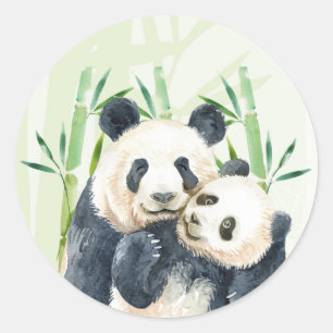 Adesivo Redondo Aquarela Panda Ursa Mãe e Bebê em Bambu